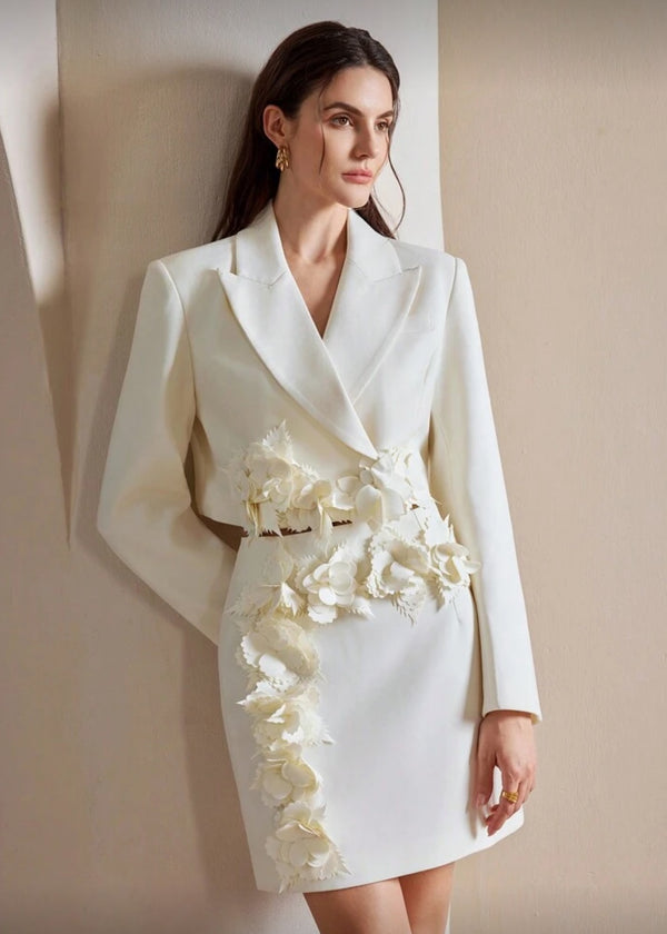 Floral Appliqué Cropped Jacket Mini Skirt Set