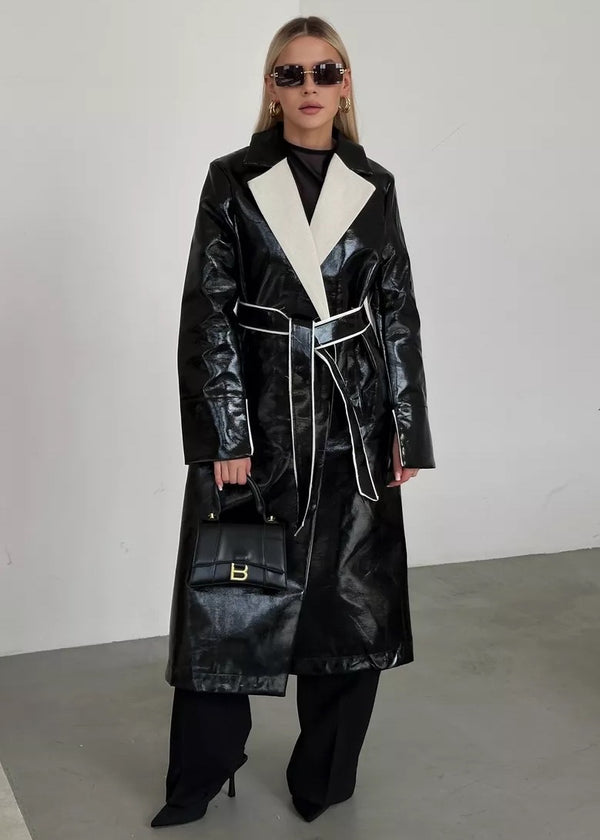 Patent Eco-Leather Contrast Collar Belted Trench Coat