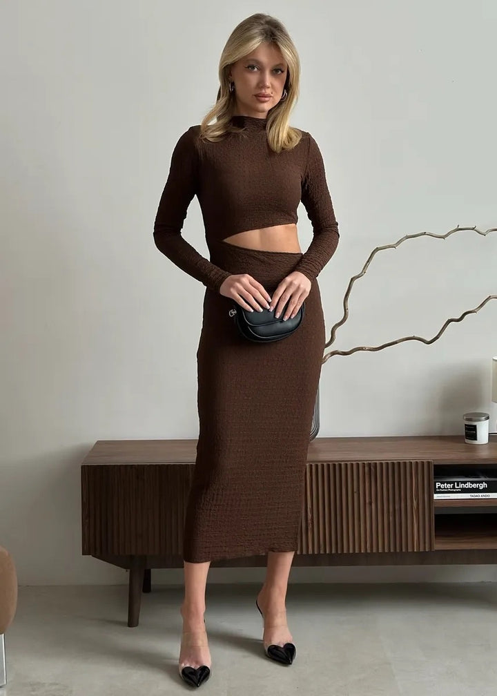 Mock Neck Long Sleeve Cutout Midi Dress