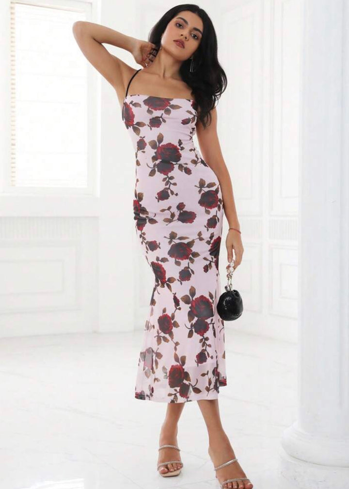 Lace Up Backless Floral Print Maxi Dress