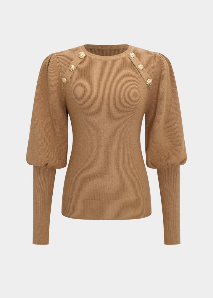 Gigot Sleeve Gold Buttons Decor Knit Top