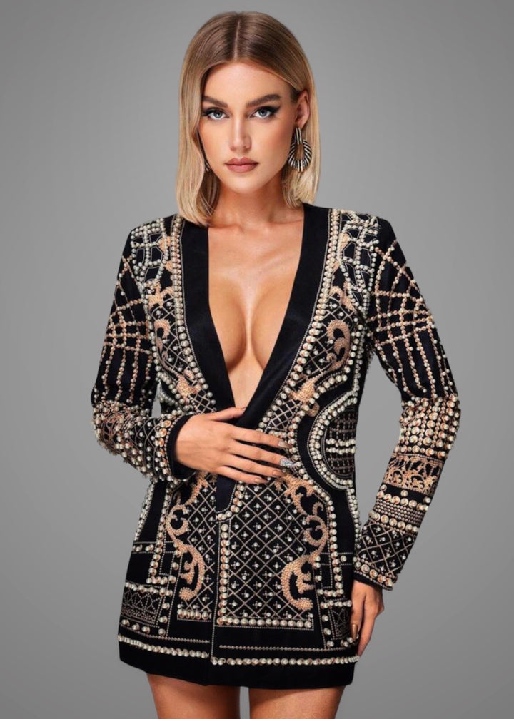Faux Pearl Embroidered Blazer Dress