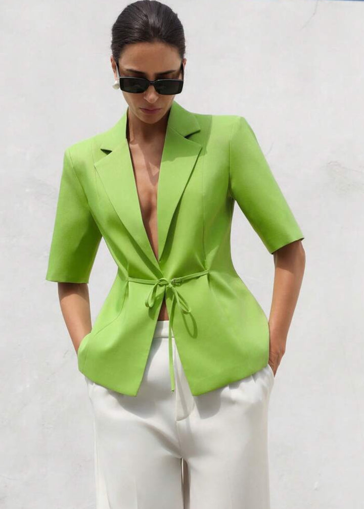 Lapel Neck Short Sleeve Tie Blazer