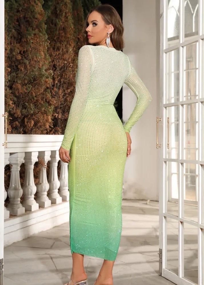 Rhinestone Gradient Tied Front Long Sleeved Bodycon Dress