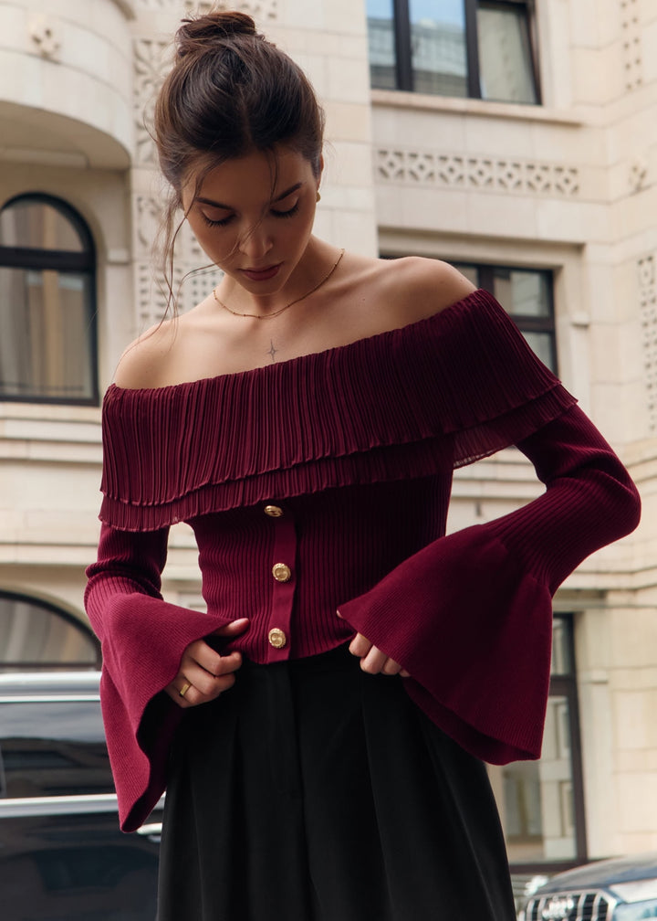 Knitted Off Shoulder Bell Sleeve Top