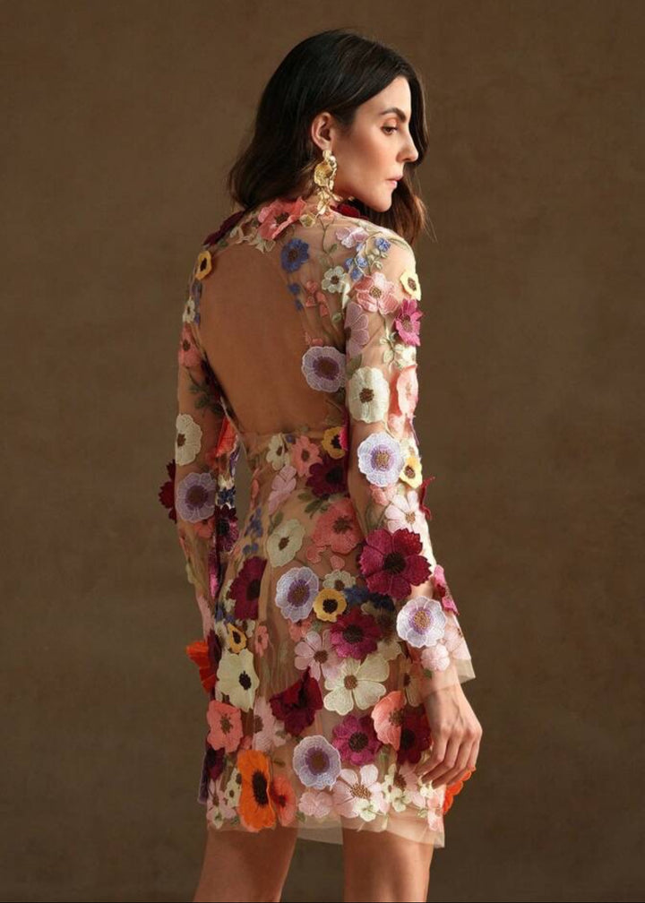 Floral Appliqué Open Back Mini Dress