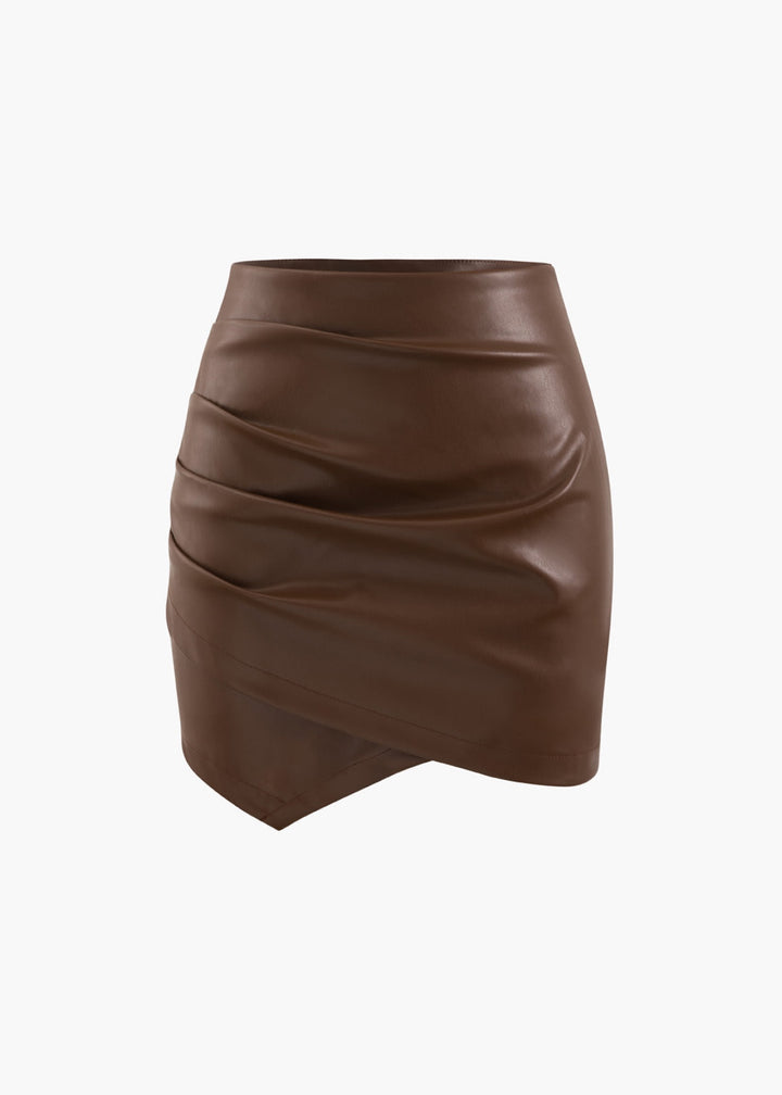 Asymmetrical Ruched Eco-Leather Mini Skirt