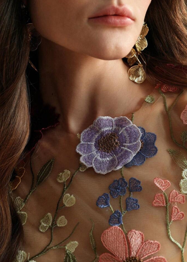 Floral Appliqué Open Back Mini Dress