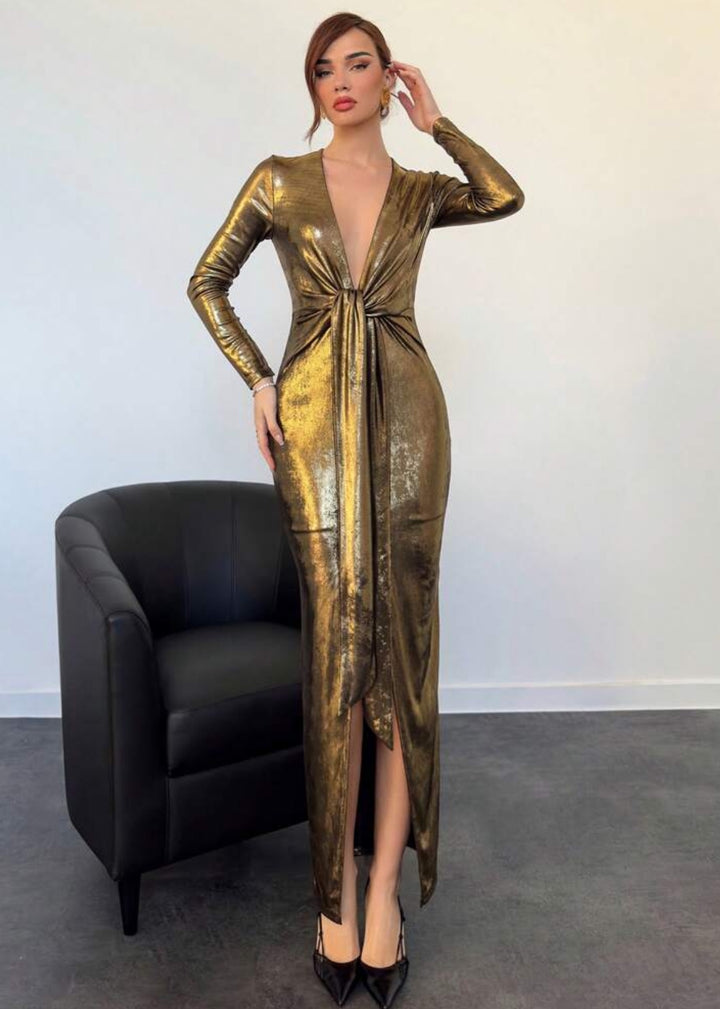 V-Neck Ruched Slit Wrap Metallic Dress