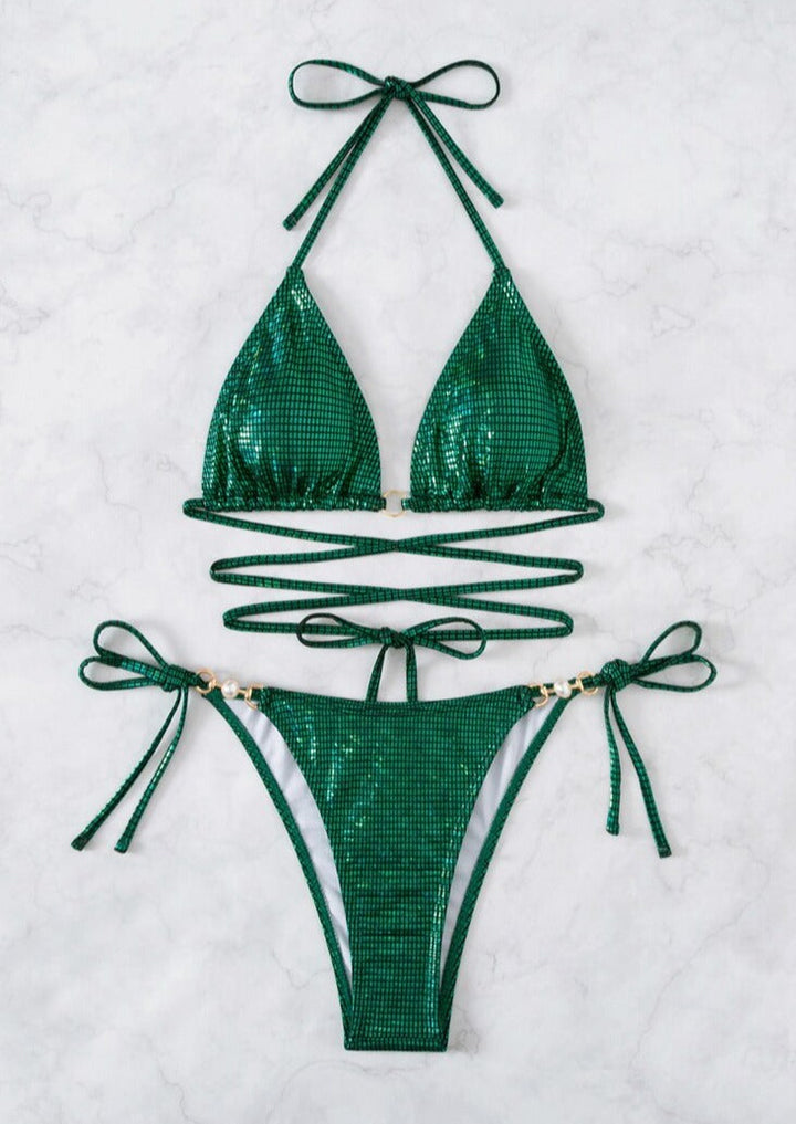 Shiny Sequins Wrap Around Two-piece Bikini Swimsuit