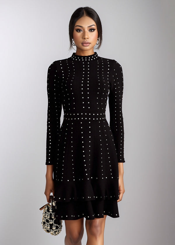 Long Sleeve Ruffle Hem Studded Dress