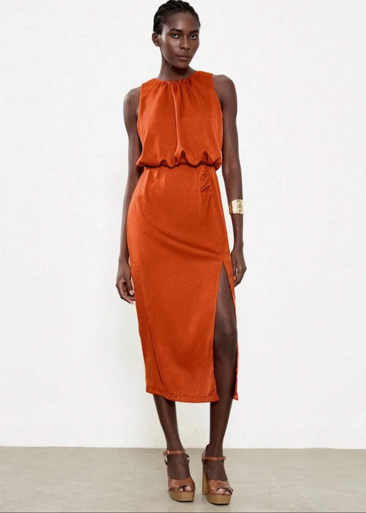 Sleeveless Side Slit Ruched Midi Dress