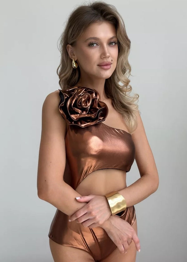 One Shoulder Cutout 3D Flower Decor Metallic Swimsuit