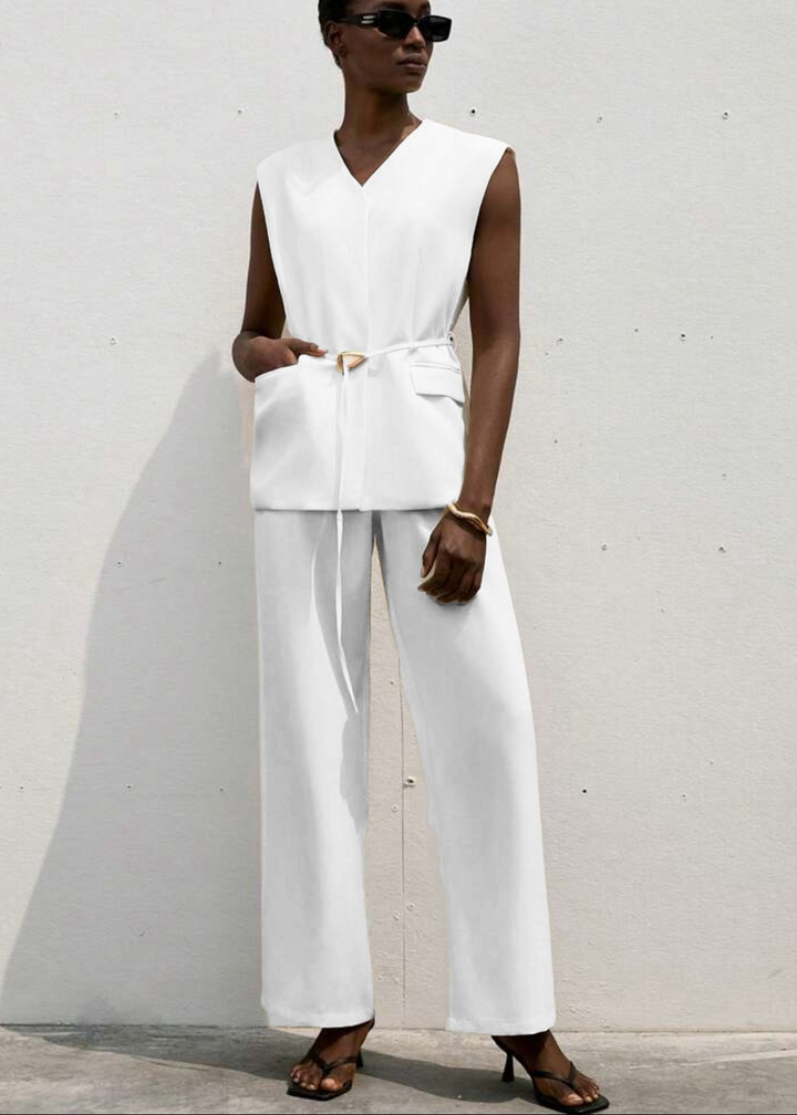 Sleeveless V-Neck Pocket Belted Vest