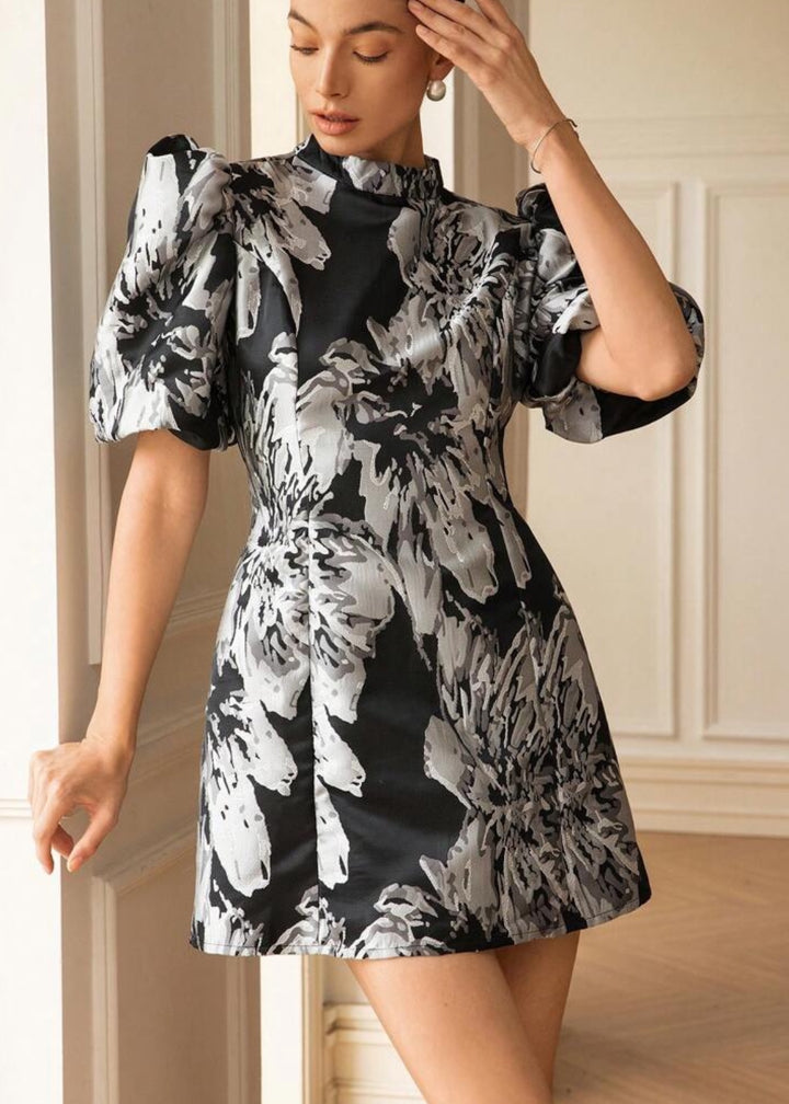 Jacquard Puff Sleeve Mock Neck Dres