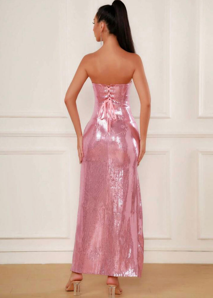 Strapless Slit Thigh Sequined Evening Gown