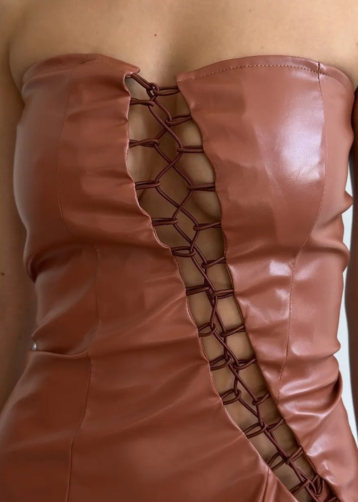 Lace-Up Front Eco-Leather Tube Bodycon Mini Dress