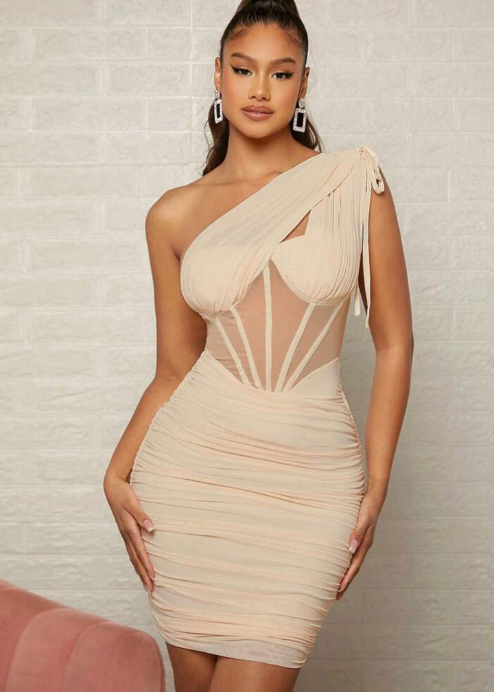 One Shoulder Corset Panel Mesh Overlay Ruched Dress