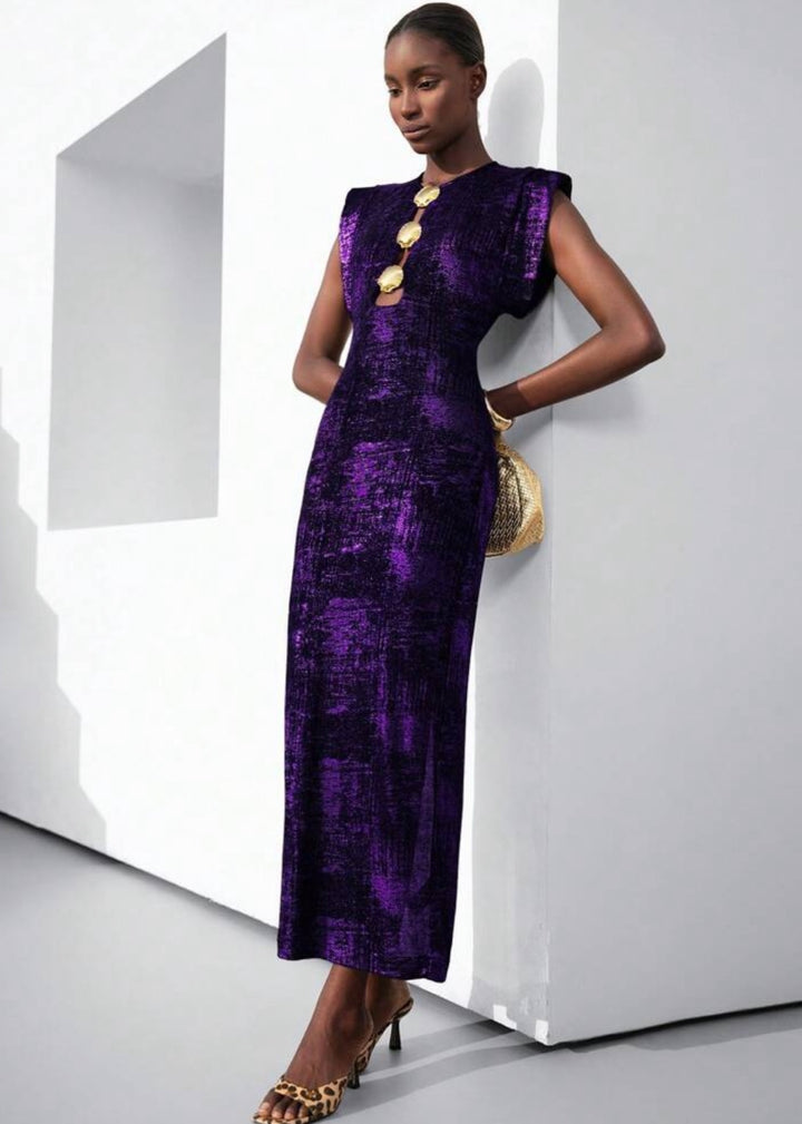 Seashell Button Maxi Shoulder Pad Dress