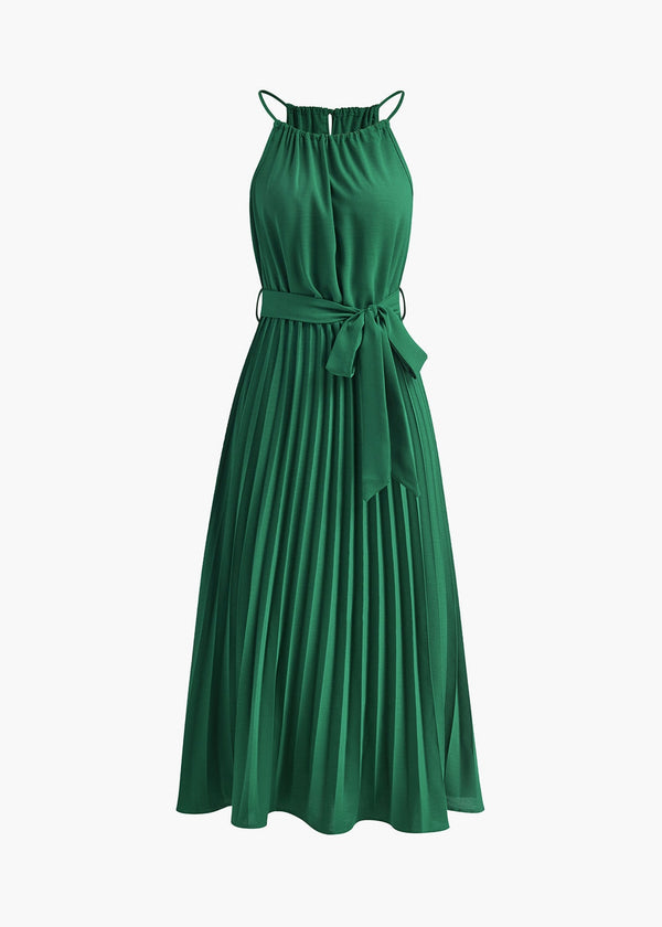 Halter Belted Pleated Midi Dress