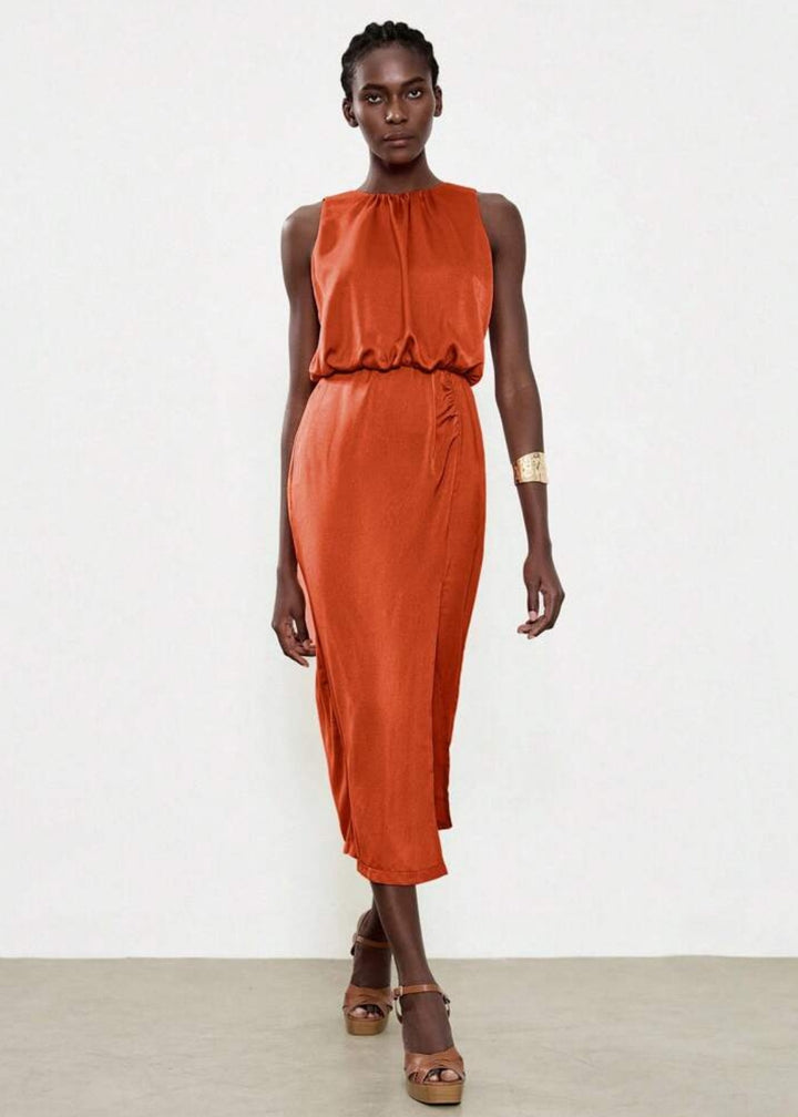 Sleeveless Side Slit Ruched Midi Dress