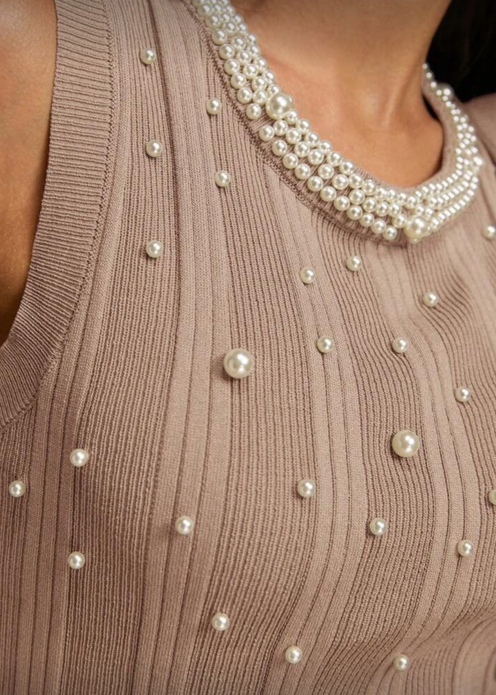 Ribbed Knit Sleeveless Faux Pearl Trim Top
