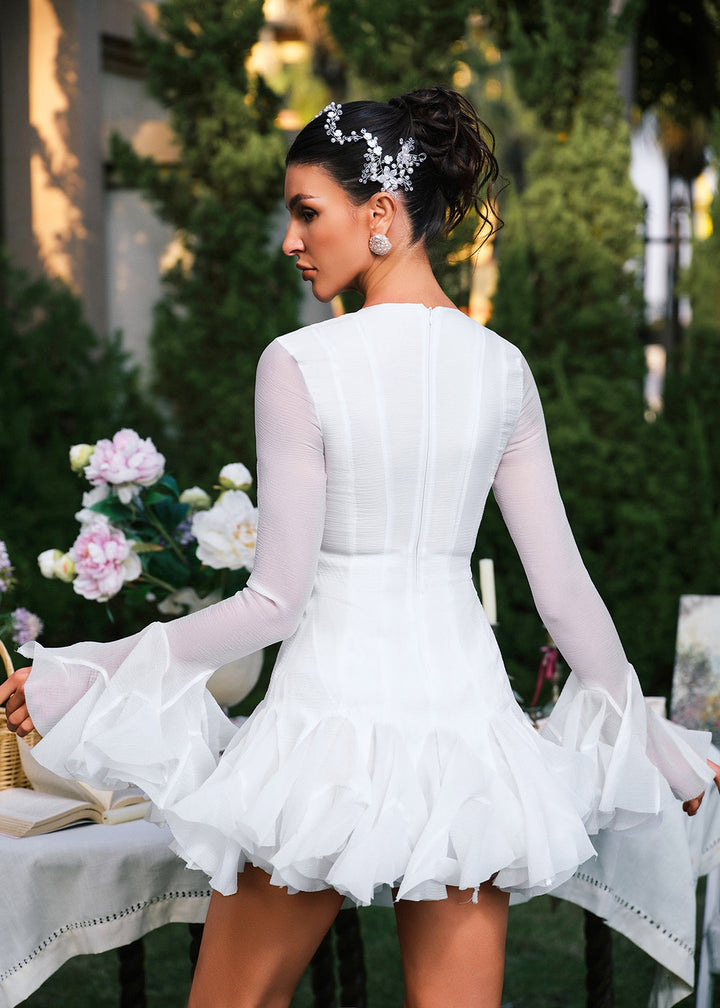 Sheer Sleeve Button Detail Ruffle Mini Dress