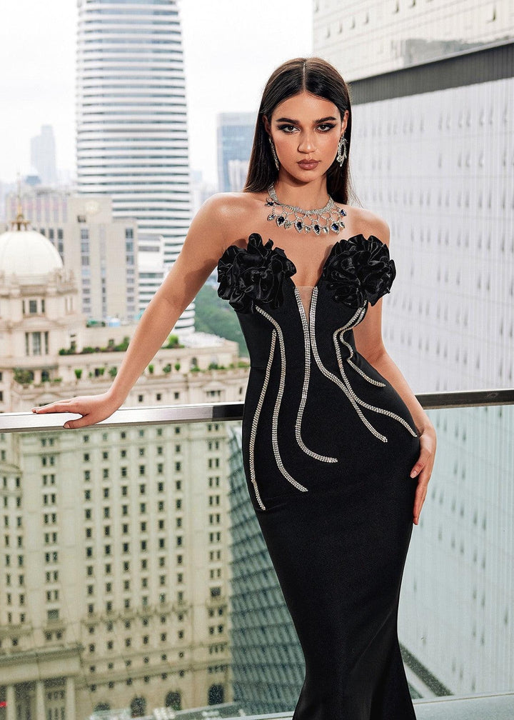 Floral Bodice Crystal Embellished Trumpet Gown