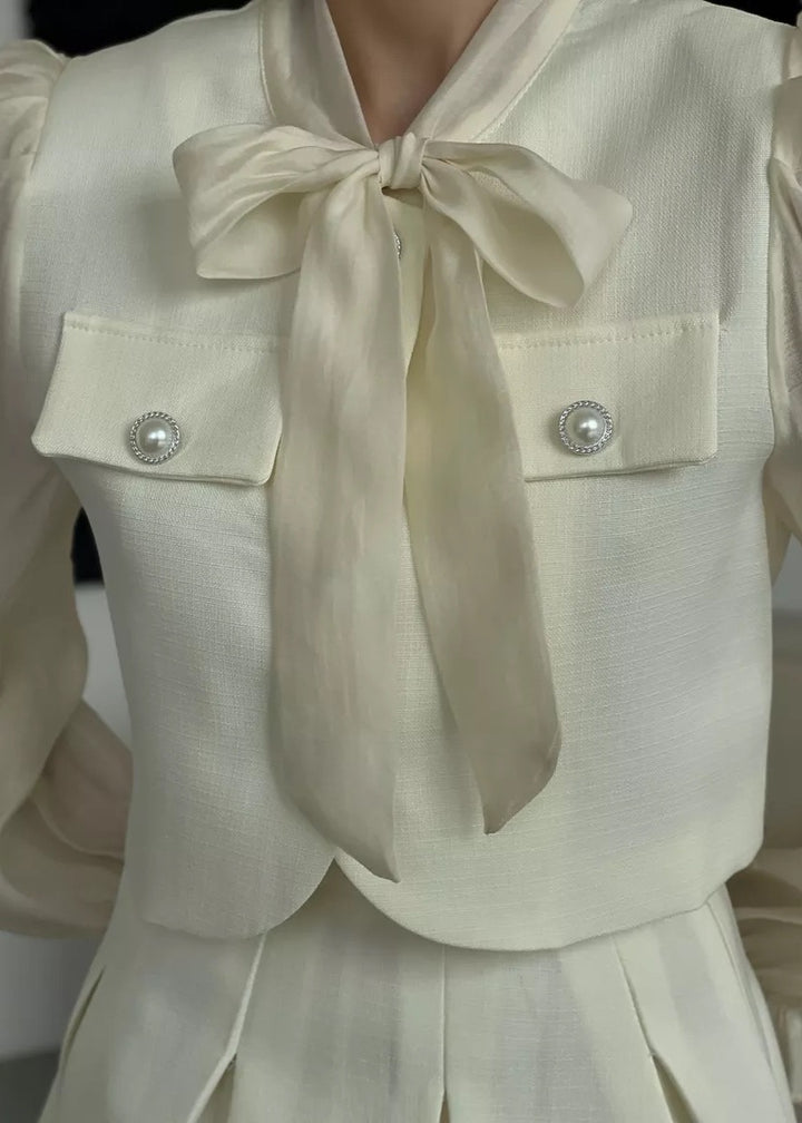 Bowknot Detail Puff Sleeve Blouse & Pleated Skirt Suit