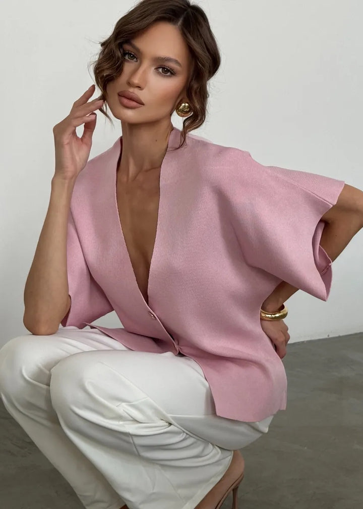 Button-Front V-Neck Loose-Fitting Top