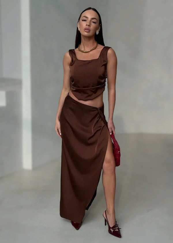 Square Neck Draped Top & Maxi Skirt Satin Set