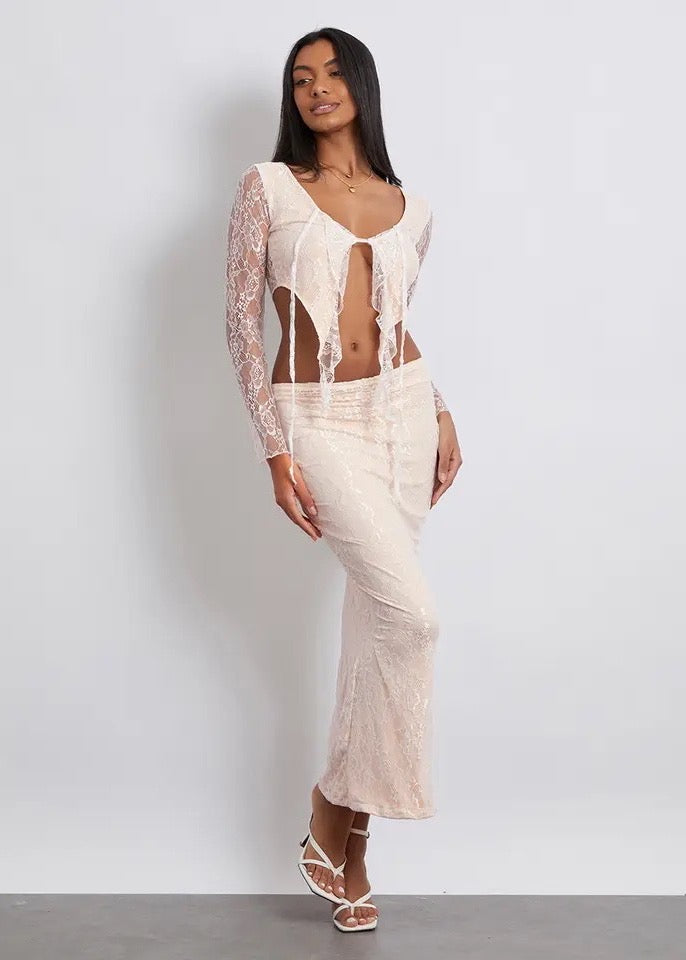 Front-Tied Ruffled Top & Maxi Skirt Floral Lace Set