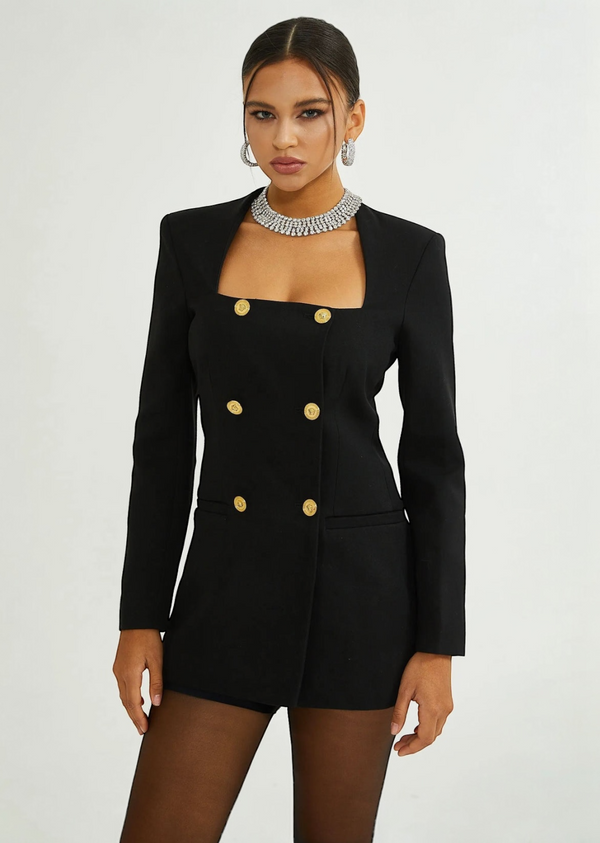 Double-Breasted Gold-Button Long-Sleeve Mini Dress
