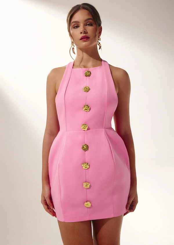 Halter Neckline Rose Buttons Mini Dress