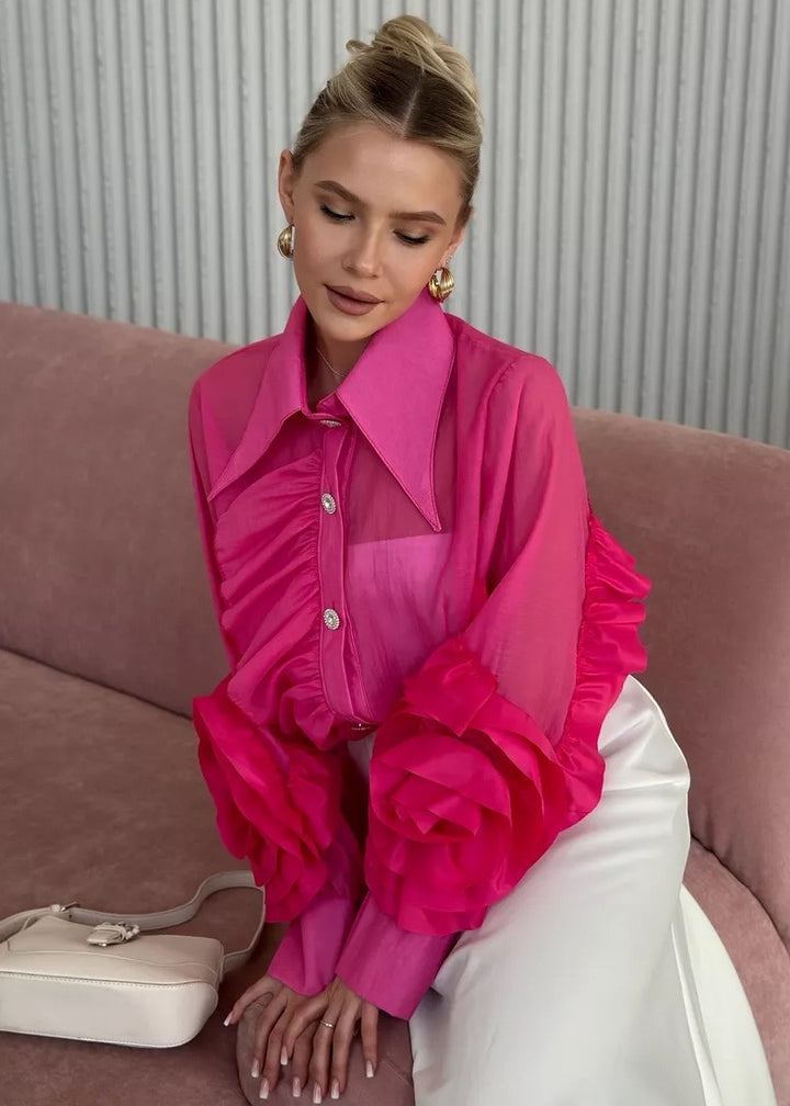 Tailed Collar Bishop Sleeve Ruffle Blouse