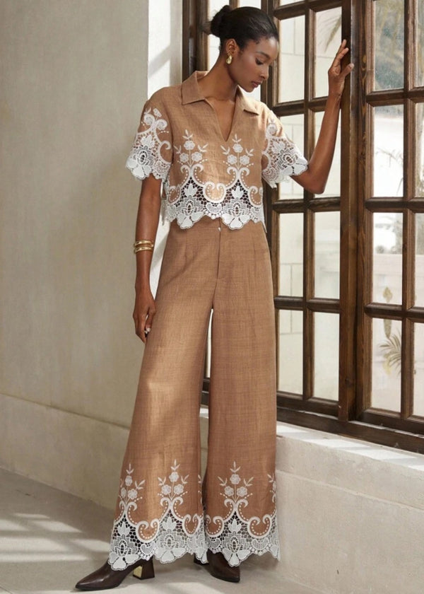 Embroidery Trim Camp Collar Top and Pants Set