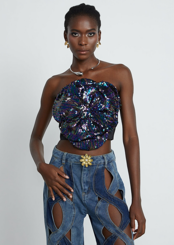 Strapless Sequins Flower Bodice Crop Top