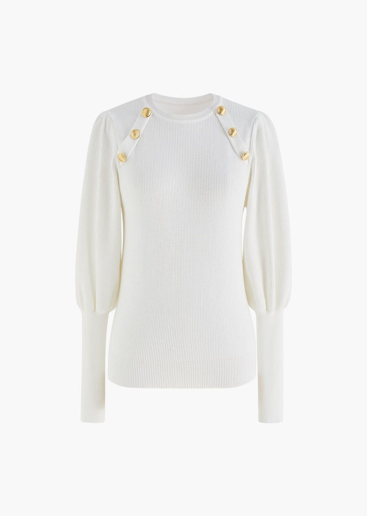 Gigot Sleeve Gold Buttons Decor Knit Top