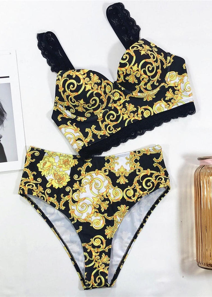 Printed High Waist Lace Straps Two-Piece Bikini Swimsuit