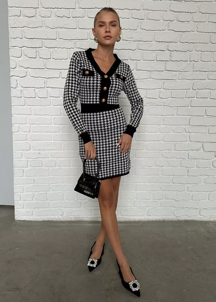 V-Neck Long Sleeve Houndstooth Mini Dress