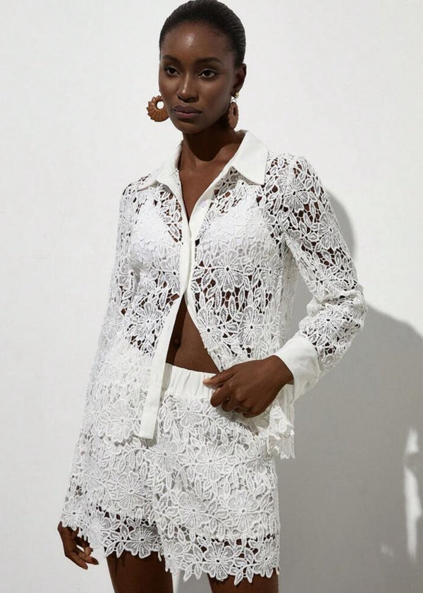 Crochet Lace Shirt Shorts Two Piece Set