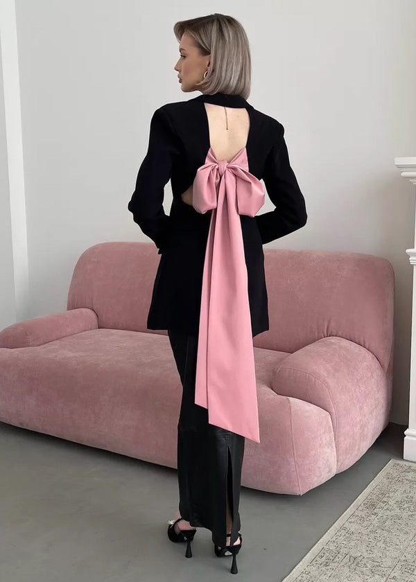 Contrast Bow Detail Backless Long Blazer