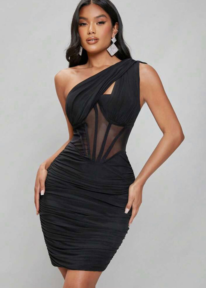 One Shoulder Corset Panel Mesh Overlay Ruched Dress