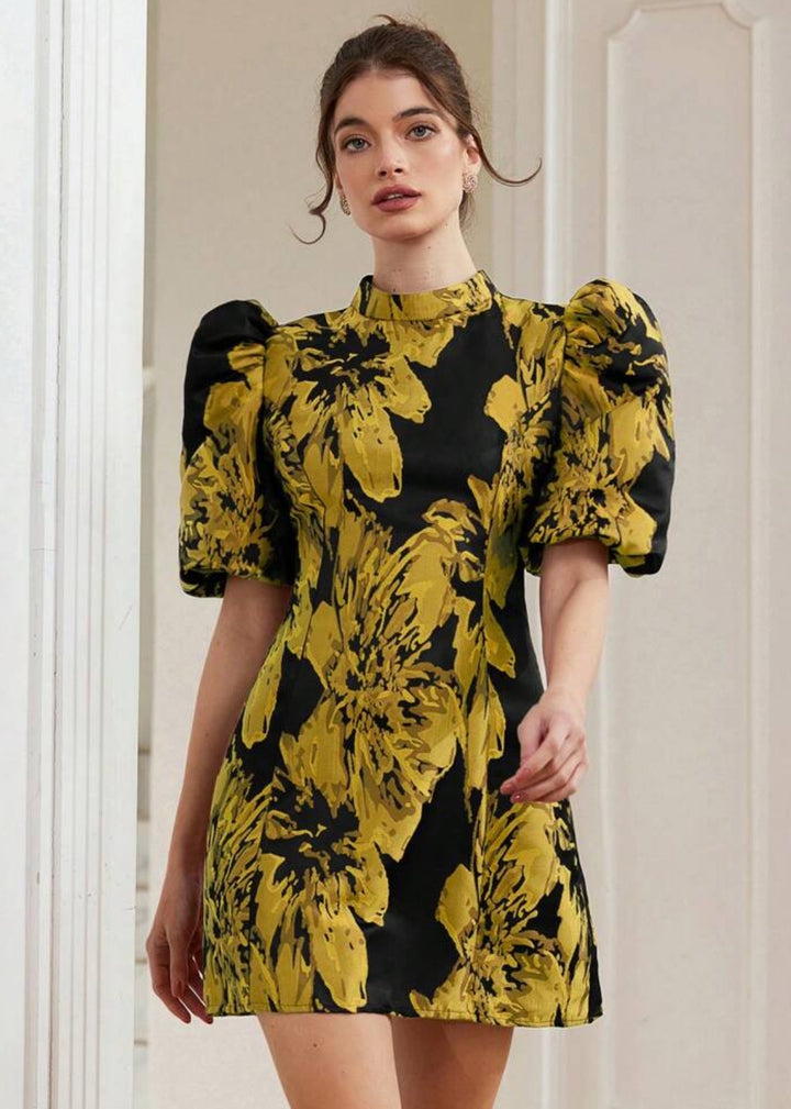 Jacquard Puff Sleeve Mock Neck Dres