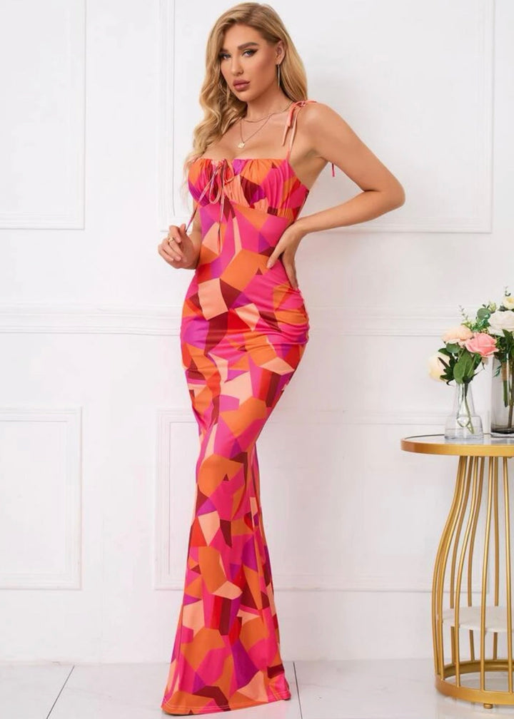 Tie Shoulder Fishtail Hem Floral Print Maxi Dress