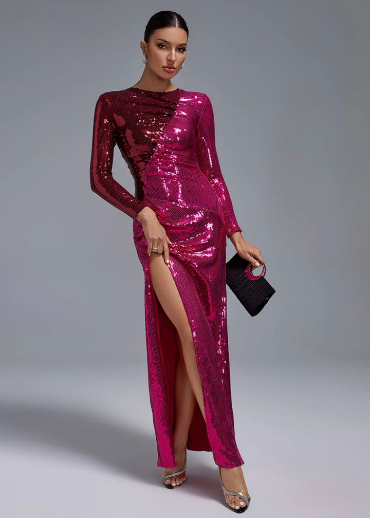 Two Tone Long Sleeve Sequined Maxi Dress