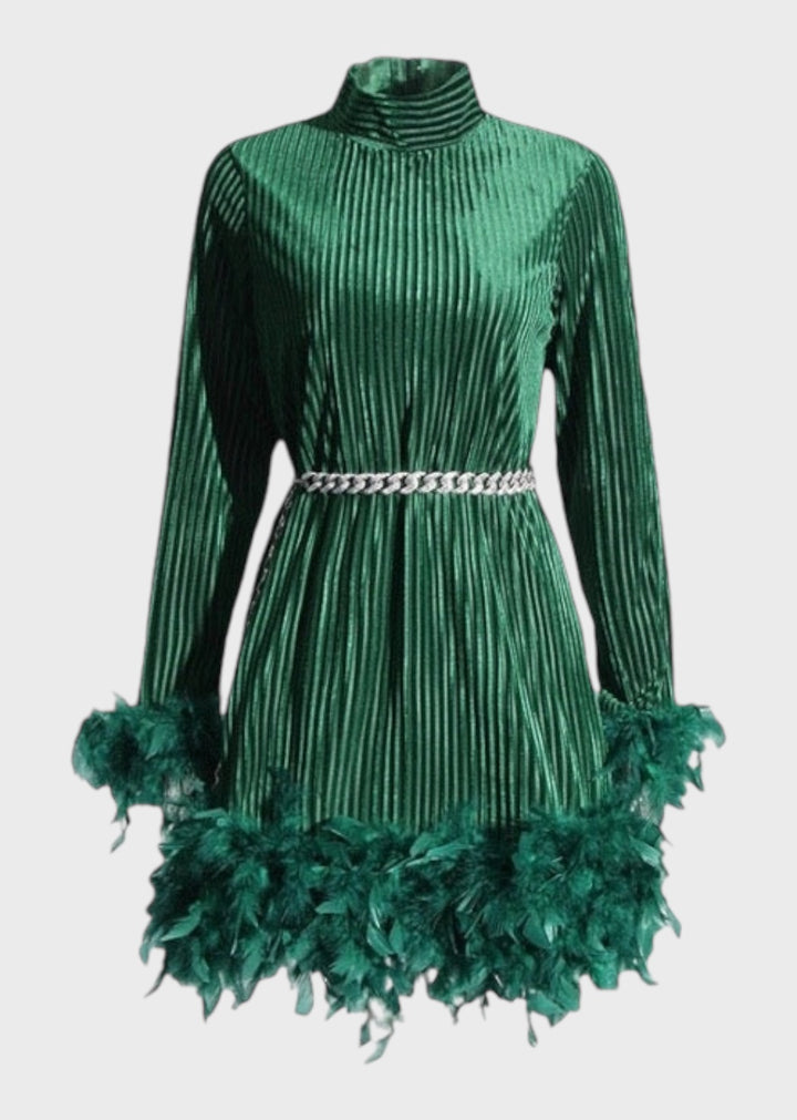 Mashika Feather Trim Mock Neck Velvet Dress