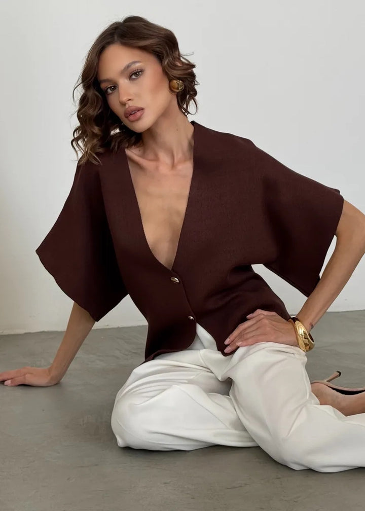 Button-Front V-Neck Loose-Fitting Top