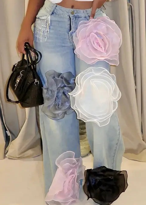 Florine Organza Flower Decor Jeans