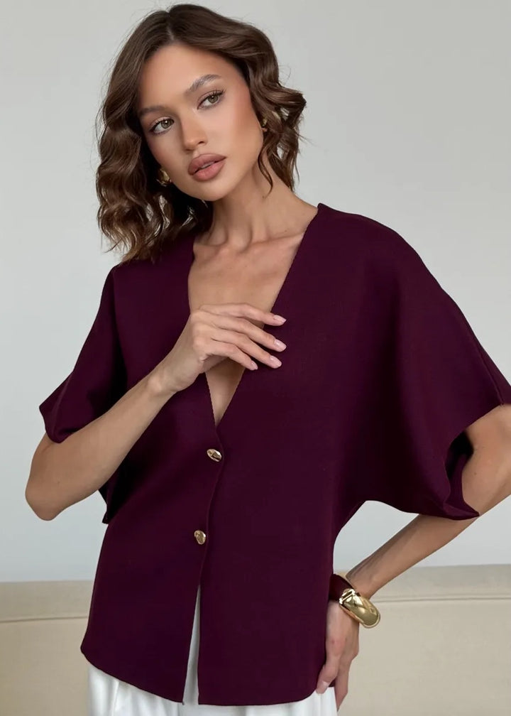 Button-Front V-Neck Loose-Fitting Top